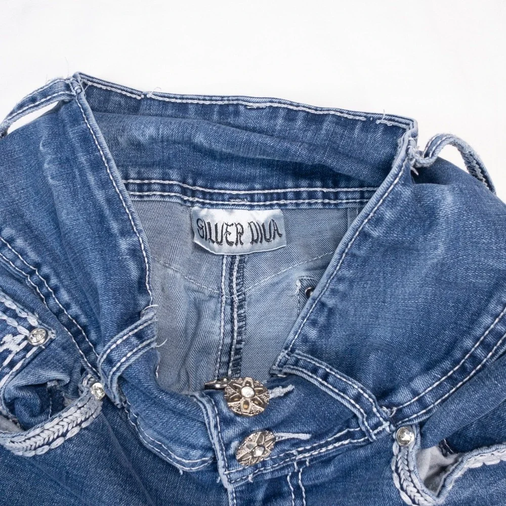 Silver Diva Womens Bootcut Jeans Blue High Waist Embellished Pockets Size 1